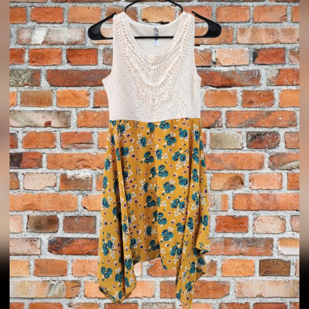 Knit Works girl's  yellow floral print and knit dress size 16
